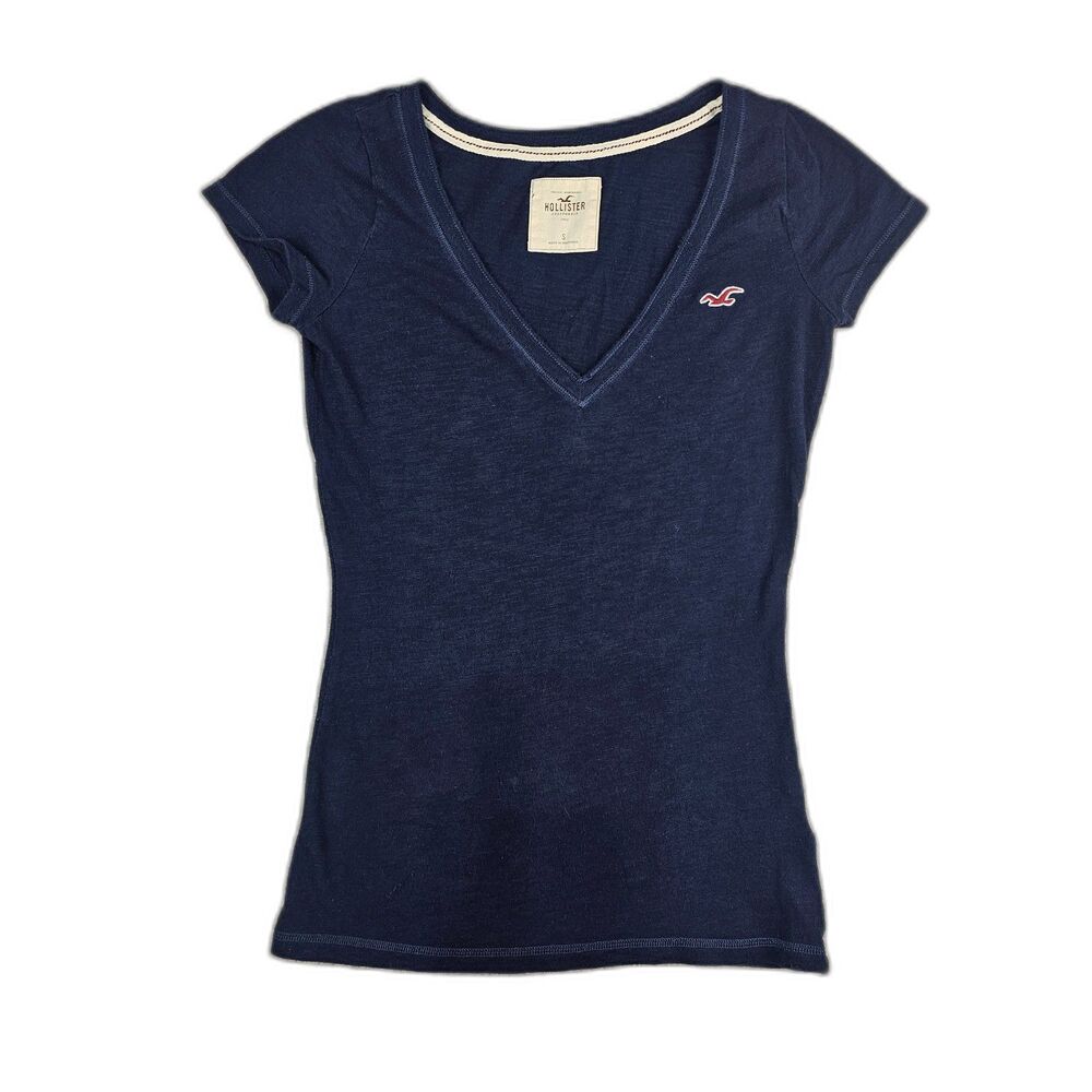 Hollister Navy Blue V-Neck T-Shirt Size Women's S Cotton Slim Fit Y2K Logo Tee